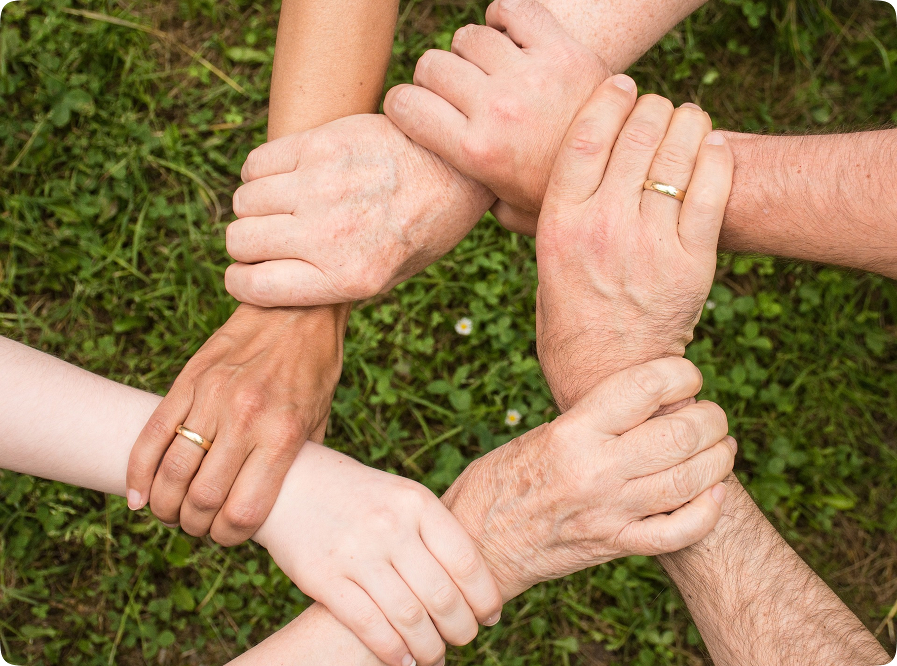 Diverse hands united in global community